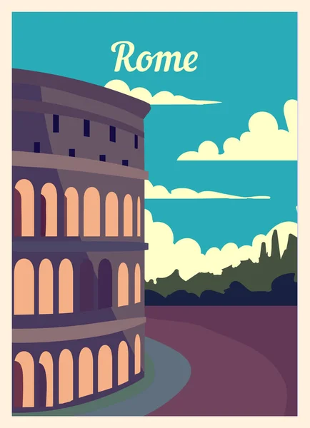 Retro posteri Roma şehrinin ufuk çizgisi. Klasik, Roma vektör illüstrasyonu.