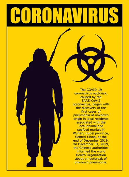 Yellow Warning Poster Coronavirus Silhouette Man Chemical Protection Coronavirus Vector — Stock Vector