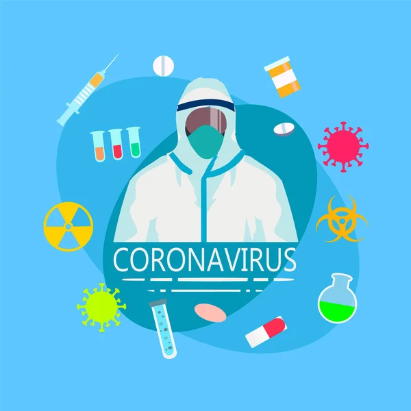 Blue Coronavirus Ιατρική Απεικόνιση Έναν Άνθρωπο Στη Χημική Προστασία Και — Διανυσματικό Αρχείο