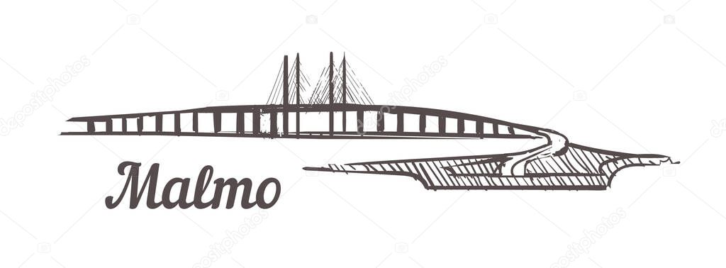 Malmo bridge sketch. Malmo hand drawn illustration isolated on white background.