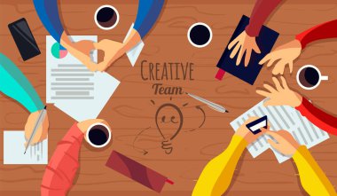 Yaratıcı takım, müzakere masası en üst nokta. Yaratıcı takımın düz vektör çizimi.