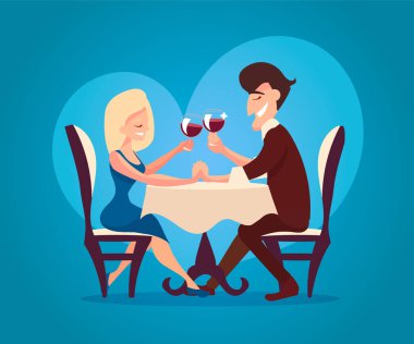 Kahverengi takım elbiseli bir adam ve mavi elbiseli bir sarışın randevuda, restoranda bir masada şarap kadehleriyle. Bir tarihin vektör karikatür çizimi.