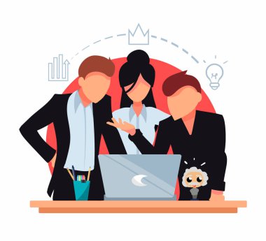 Düz iş adamları laptoptaki bir görevi çözmek için birlikte çalışıyorlar. Sıkı takım elbiseli çalışanlar. Yaratıcı takım vektör çizimi.