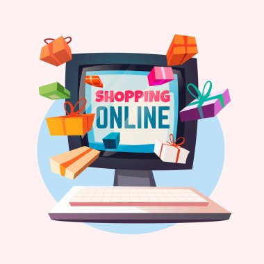 Hediyeler bilgisayar ekranından uçar. Çevrimiçi alışveriş için vektör karikatür çizimi.