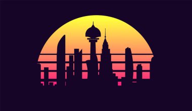 80 'lerin modası geçmiş bir bilim kurgu şehri. Vektör illüstrasyon gece şehri.