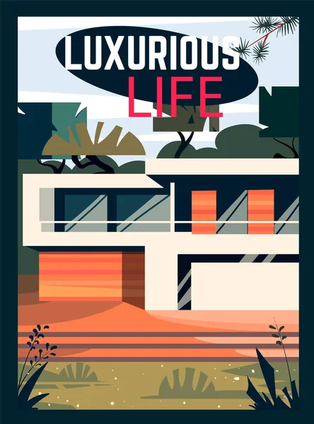 Vidéki Modern Ház Rajzfilm Vektor Illusztrációja Luxus Életstílus — Stock Vector