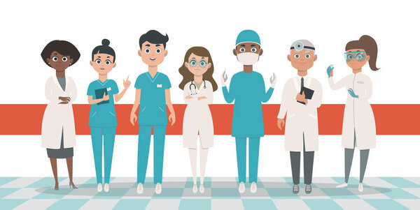 Векторная иллюстрация команды врачей. Персонажи плоского мультфильма
.