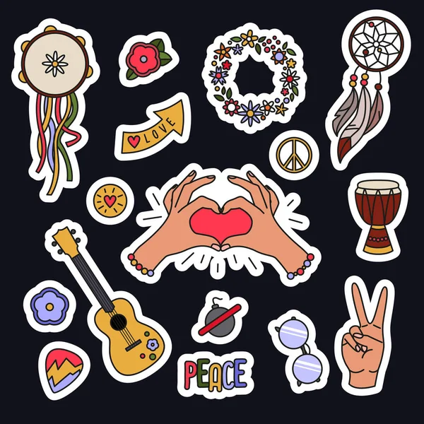 Collection Autocollants Hippie Style Dessin Animé Vectoriel Instruments Musique Mignons — Image vectorielle