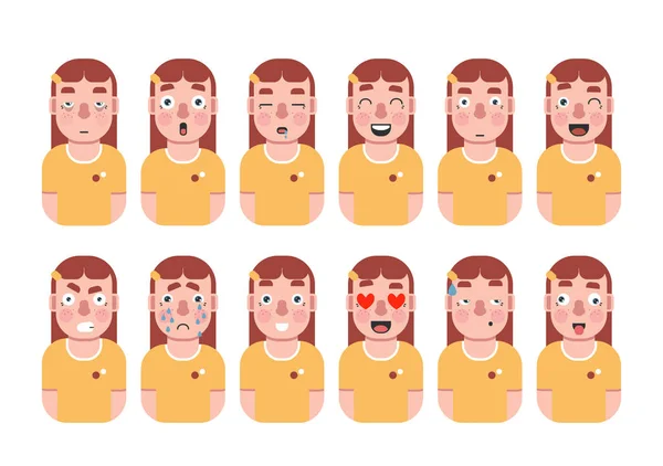 Set Young Ginger Woman Emotions Cute Girl Avatar Vector Flat — Stock Vector