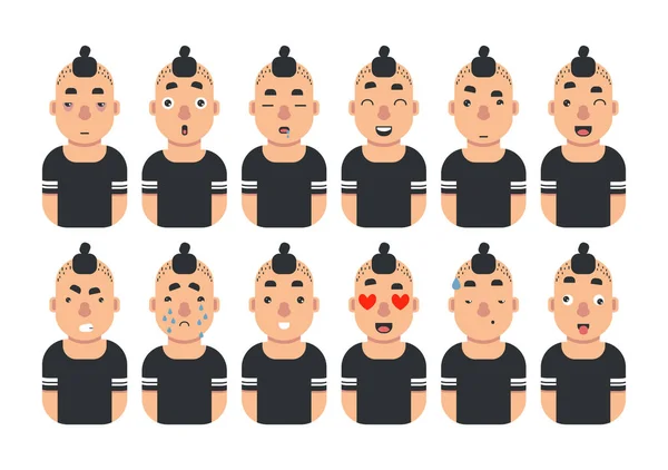 Set Young Asian Man Emotions Boy Avatar Vector Flat Cartoon — Stock Vector