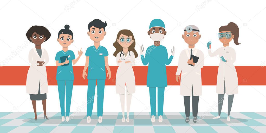 Doctors team vector illustration. Flat cartoon style characters.