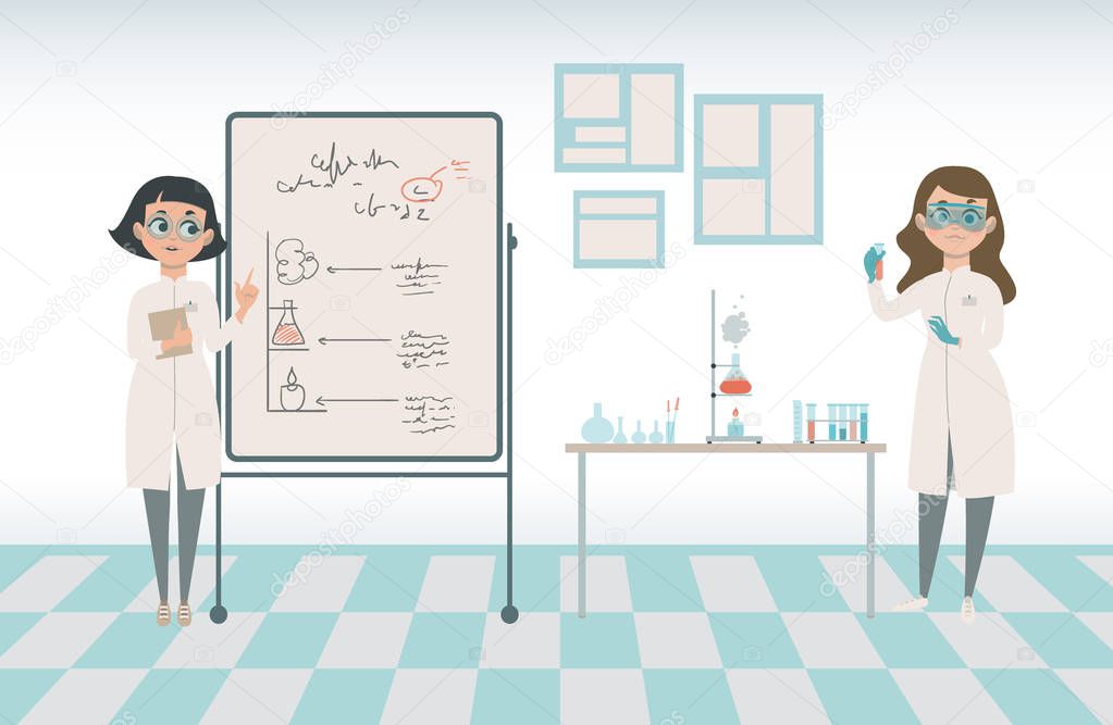 Two female scientists making a presentation. Vector cartoon characters and equipment.