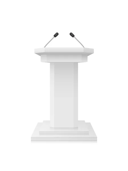 Tribuna a podio vuota bianca vettoriale con microfoni isolati — Vettoriale Stock