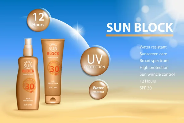 Шаблон реклами Sunblock, косметичні продукти для захисту від сонця. Сонячний блок крему і пляшка для розпилення олії для засмаги. 3D Векторні ілюстрації для журналу або реклами . — стоковий вектор