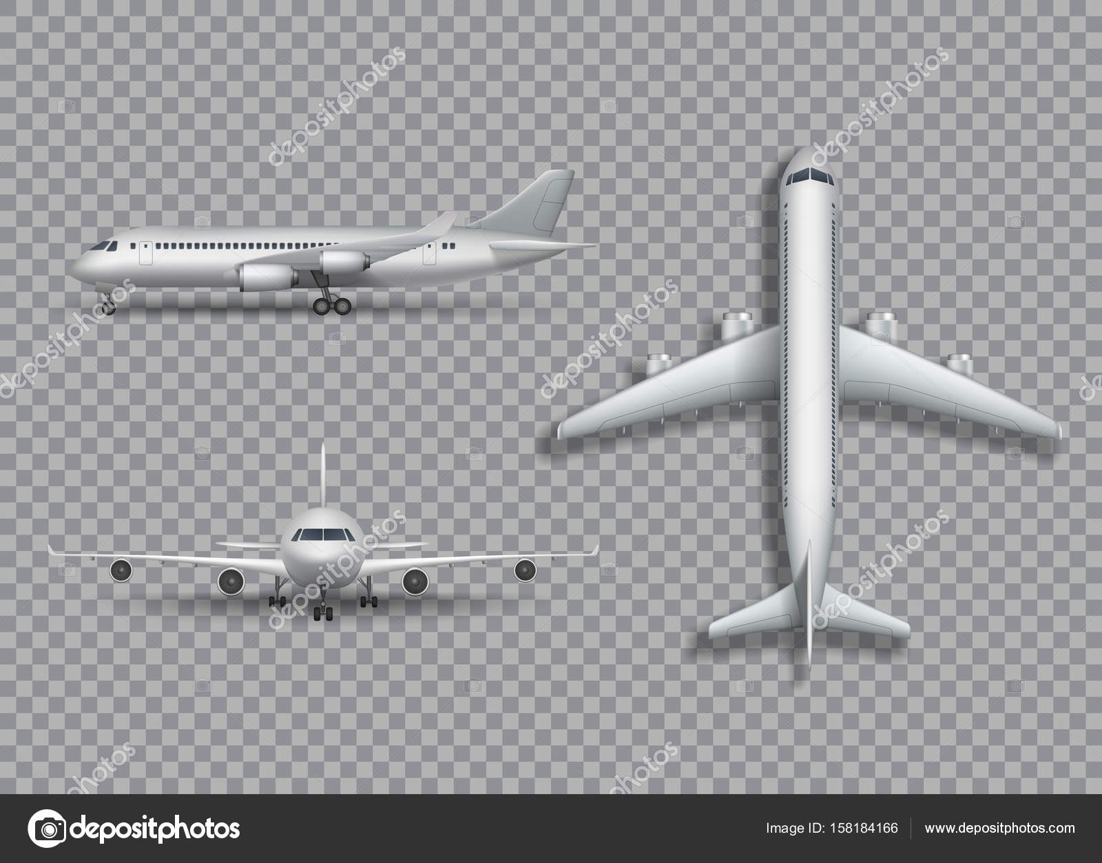 Download White Airplane Mock Up Isolated Aircraft Airliner Realistic 3d Illustration On Transtarent Background Set Of Air Plane From Front Side And Top View Vector Illustration Vector Image By C Sergey 85