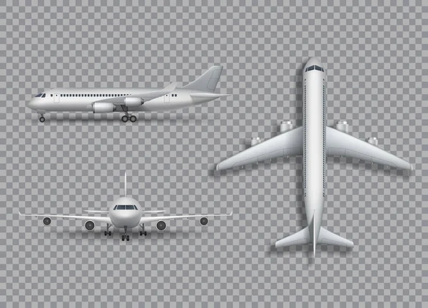 Weiße Flugzeug-Attrappe isoliert. Flugzeug, Verkehrsflugzeug realistische 3D-Illustration auf transtarentem Hintergrund. Flugzeugset von vorne, von der Seite und von oben. Vektorillustration. — Stockvektor