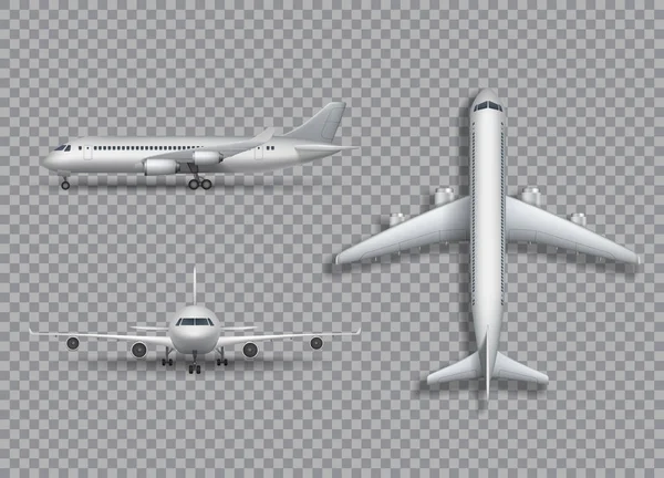 Beyaz uçak izole kadar sahte. Savaş uçağı, yolcu uçağı gerçekçi 3d çizim transtarent arka plan üzerinde. Ön, yan ve üst görünümden hava uçaktan kümesi. Vektör çizim.
