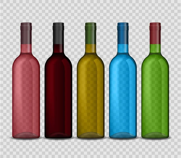 市松模様の背景の上にワインのボトルを透明なベクトルのセット. — ストックベクタ