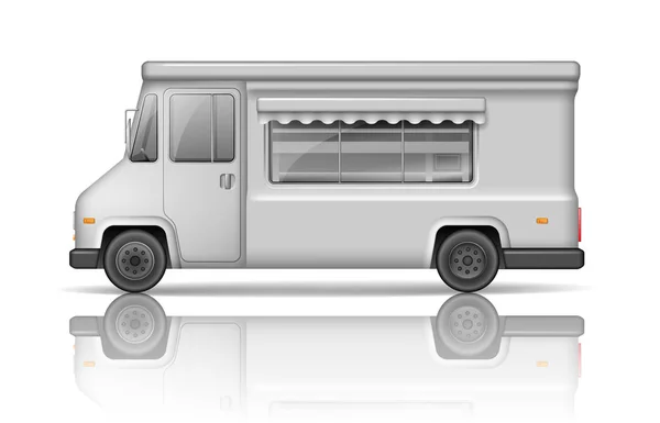 Camión de comida realista aislado en blanco. Plantilla Van de comida rápida o helados para Mock Up para su diseño y publicidad de transporte. Servicio blanco entrega camión superficie en blanco — Vector de stock