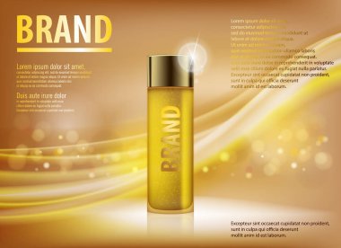 Özü bulunan, reklamlar, altın yarı saydam cam şişe şablonu. Tasarım makyaj kozmetik ürün blure ve bokeh arka plan ile reklam için. 3D vektör çizim için krem, parfüm, losyon.