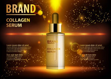 Kozmetik güzellik ürünü, sigorta primi serum özü şişe cilt bakımı için reklamları. Damlalık ile altın kozmetik cam şişe. Tasarım ve reklamcılık, vektör çizim için şablon.