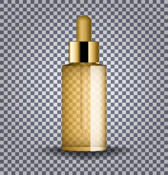 Damlalık ile gerçekçi altın kozmetik cam şişe. Petrol, kollajen serum, sıvı temel kozmetik şişeleri. Vektör illüstrasyon izole şeffaf arka plan üzerinde yukarı alay. — Stok Vektör