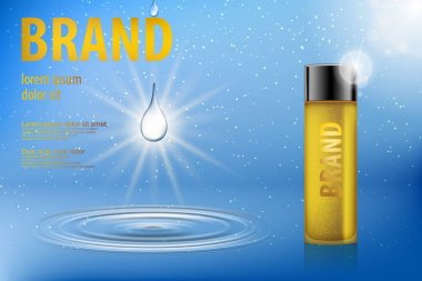Tasarım ve reklamcılık için kozmetik paket. Kozmetik sarı cam şişe su sıçrama ve yumuşak bokeh su mavi arka plan şablonu. 3D vektör çizim için krem, parfüm, losyon.