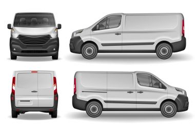 Kargo araç ön, yan ve arka görüş. Gümüş teslim mini van izole. Teslimat Van Mockup reklam ve kurumsal taşıma için. Vektör çizim gerçekçi araba.