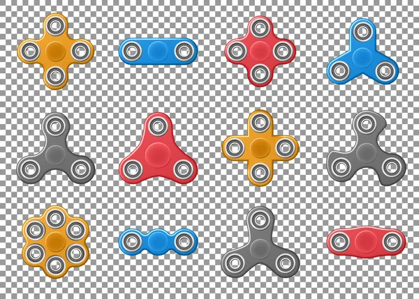 Handspinner-Spielzeug. realistische gelbe, rote und graue Spinner-Vektorsymbole isoliert auf transparentem Hintergrund — Stockvektor