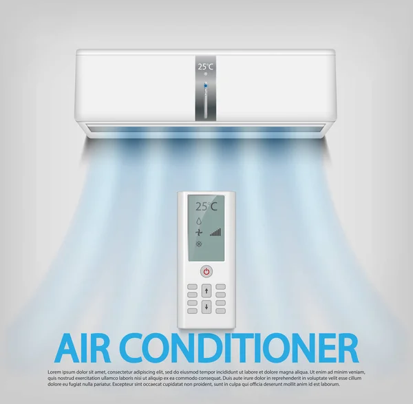 Acondicionador de aire realista con control remoto aislado sobre fondo de pared gris. Acondicionador de aire vector ilustración — Vector de stock