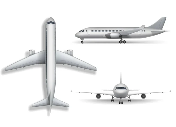 Aereo realistico argento finto isolato. Aereo, aereo di linea 3d illustrazione su sfondo bianco. Set di aereo aereo da fronte, lato e vista dall'alto. Illustrazione vettoriale . — Vettoriale Stock