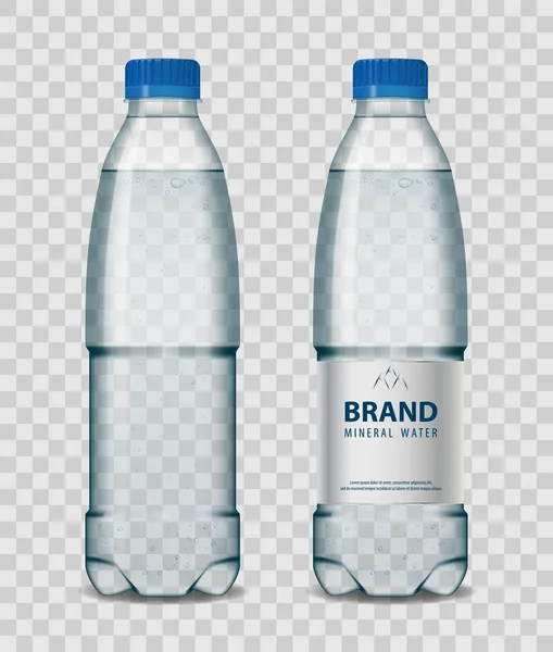 Plastic fles met mineraal water met blauwe dop op transparante achtergrond. Realistische fles mockup vectorillustratie. — Stockvector