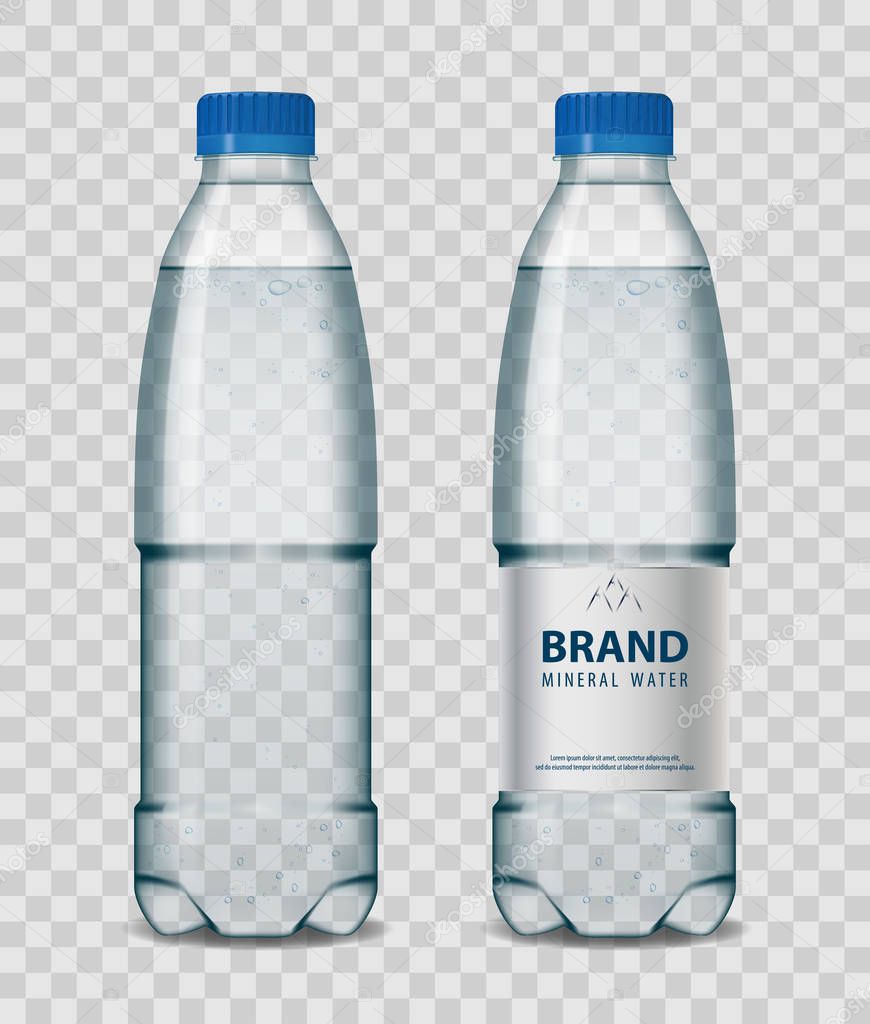 Plastic bottle with mineral water with blue cap on transparent background. Realistic bottle mockup vector illustration.
