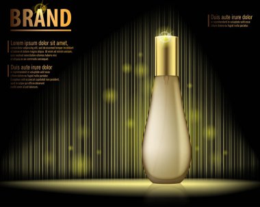 Blure, parlak efekti ile koyu arka plan üzerinde kozmetik ürün reklam tasarım. Özü bulunan, reklamlar, altın cam şişe şablonu. krem, losyon özü, parfüm için 3B vektör çizim.