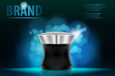 Kozmetik ürün ambalaj tasarım konsepti için premium marka koyu mavi bokeh arka planda. Krem içerdiği, reklamlar, siyah makyaj şişe şablonu. 3D illüstrasyon vektör.