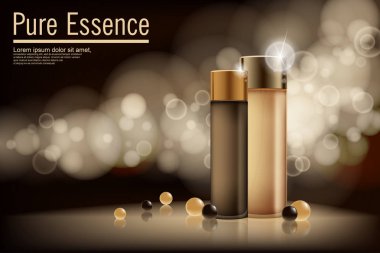 İçerdiği özü, reklamlar, altın ve bronz yarı saydam kahverengi zemin şablonunda şişe cam. Poster nemlendirici ve besleyici kozmetik premium ürün tanıtımı için. Vektör çizim.