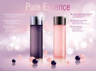 Kozmetik nemlendirici marka ürün. Parlak pembe ve mor serum şişesi yumuşak bokeh arka plan ile. 3D şeffaf şişe illüstrasyon vektör.