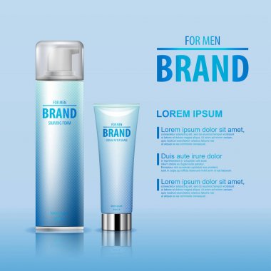 Sonra tıraş kremi ve köpük tıraş marka isimli adam için izole mavi arka plan üzerinde ayarlayın. vektör çizim.