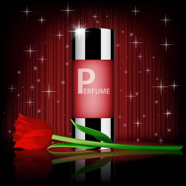 Романтический косметический набор, розовые духи, содержащиеся с красной розой, изолированные на красном блестящем фоне. Realistic parfume bottle 3d illustration — стоковый вектор