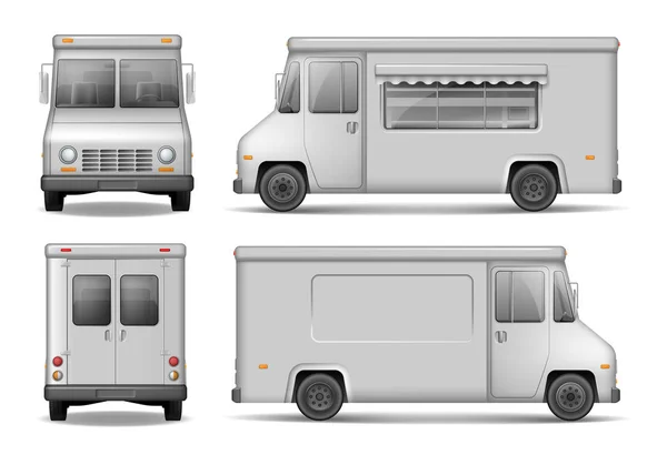 汽车广告的食品车矢量模板。服务交付面包车孤立在白色。银运货车从侧面, 前, 后视图。易于编辑和重新着色. — 图库矢量图片