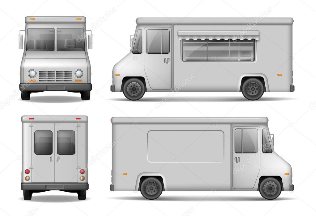 Food Truck Vector Template For Car Advertising. Service Delivery Van Isolated On White. Easy to edit and recolor. Silver Delivery Truck from side, front, back View EPS 10