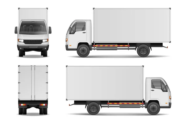 Beyaz gerçekçi teslimat kargo kamyonu. Reklam yan, ön ve arka görüş beyaz arka plan üzerinde izole kamyon. Teslim kargo kamyon vektör çizim mockup.