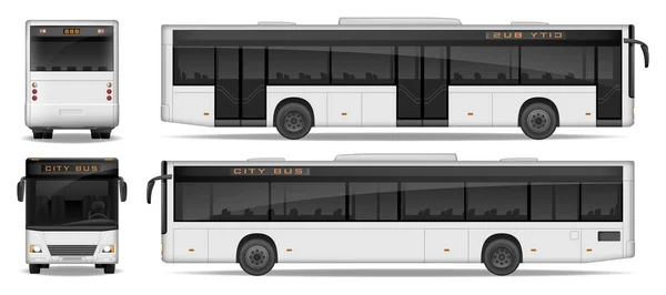 Plantilla realista de City Bus aislada sobre fondo blanco. Vista lateral, delantera y trasera de la maqueta del autobús urbano de pasajeros. Diseño publicitario de transporte. Ilustración vectorial . — Vector de stock