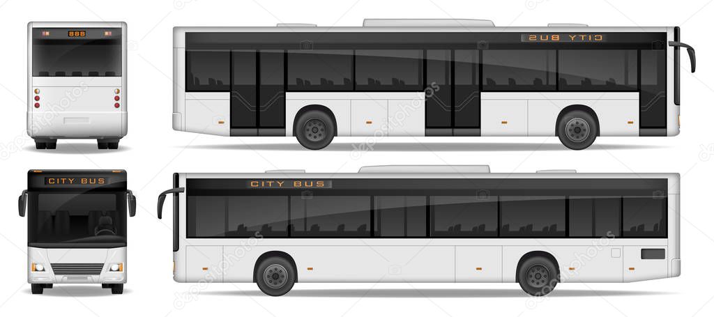 Realistic City Bus template isolated on white background. Passenger City Bus mockup side, front and rear view. Transport advertising design. Vector illustration.