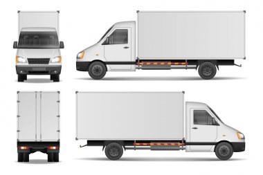 Kargo van beyaz izole. Şehir ticari teslimat kamyonu şablonu. Beyaz araç mockup. vektör çizim