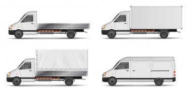 Gerçekçi beyaz kargo araçlar kümesi. vektör çizim ağır kamyon, treyler, kamyon, Mini otobüs, izole teslim van ile. Yan görünümü mockup.