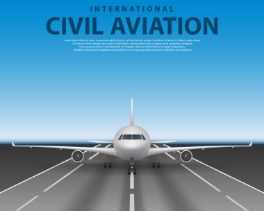 Civil passenger airliner jet on runway. Commercial realistic airplane concept front view. Plane in blue sky, travel agency advertisement poster design clipart