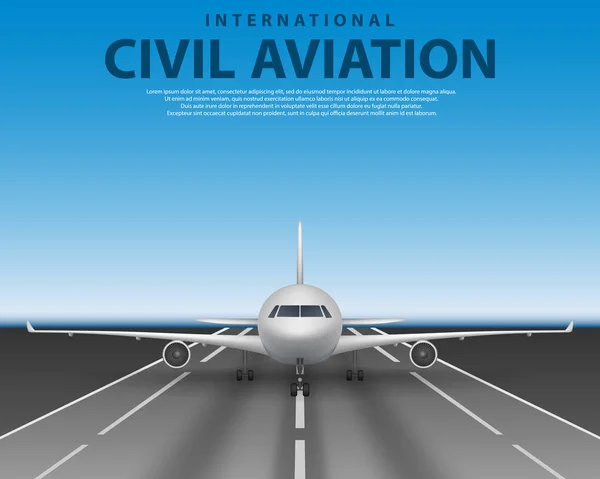 Avión de pasajeros civiles en pista. Vista frontal del concepto de avión realista comercial. Plano en el cielo azul, agencia de viajes anuncio cartel diseño — Vector de stock