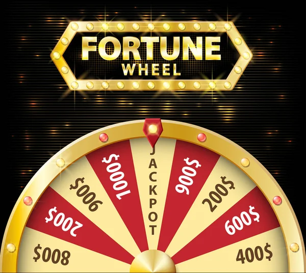 Ouro roda realista da fortuna 3d objeto isolado no fundo escuro com lugar para o texto. sorte roleta vetor ilustração — Vetor de Stock