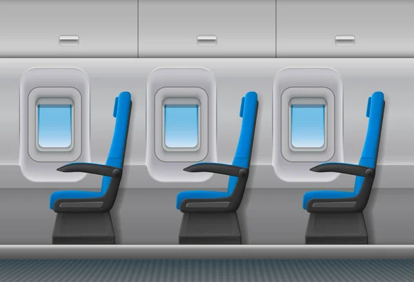 Intérieur du vecteur d'avion de passagers. Cabine intérieure d'aéronef avec hublots et chaises. Illustration vectorielle . — Image vectorielle